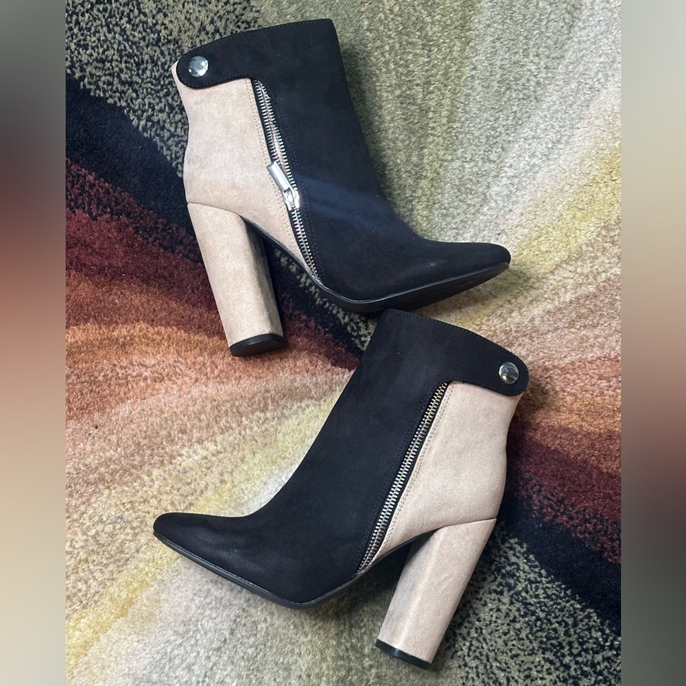 Two-Tone Black and Beige Women's Ankle Boots with Zip Accent
